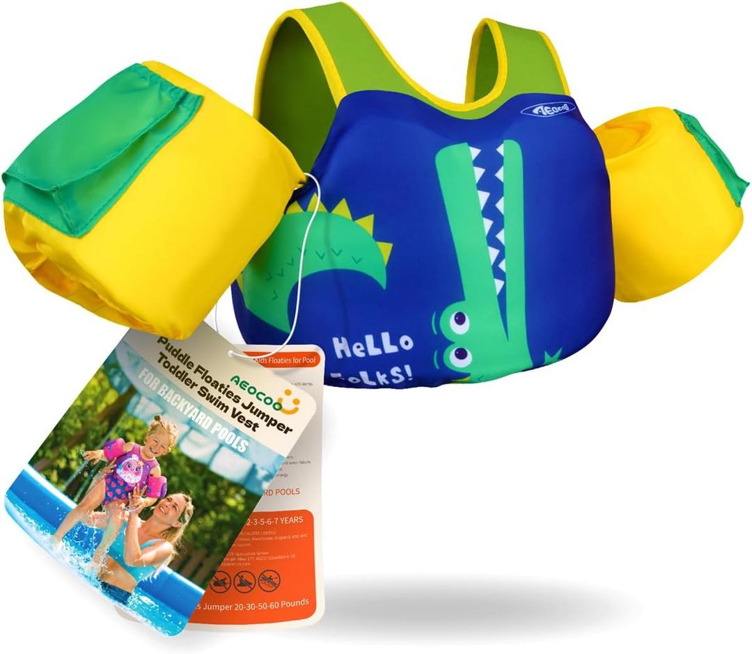Puddle Float Jumper 30-50-60-70 Pounds, Toddler Swim Vest for 3-5-6-9 Years Old, Pool Floats with Swimming Arm Floaties Swim Jacket & Water Wings for Kids Swimmies, Boys, Girls, Nios (Crocodile), Size: Fit 3-5-6-9 Years, 30-50-60-70 lbs