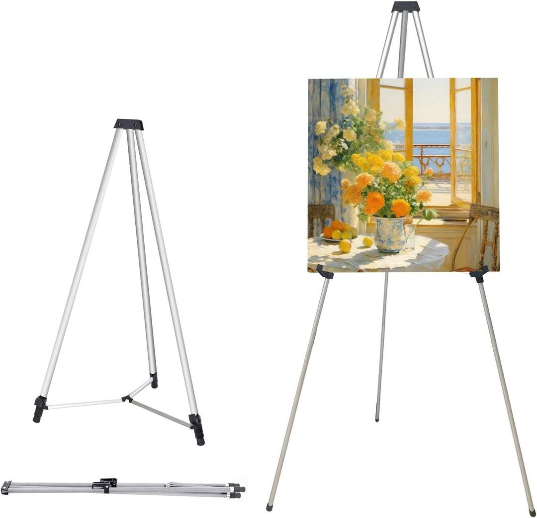 MXG Portable Adjustable Large Display Stand, Heavy Duty Aluminum Tripod Easel for Painting, 33-64 Inch Foldable Tabletop & Floor Sign Holder for Art Exhibitions, Outdoor, & Wedding, Silver