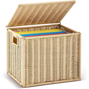 Jingmore Wicker File Basket for Hanging Folders, Decorative File Boxes with Lids, Farmhouse Collapsible Letter Size Document Storage Box for Home Office Decor