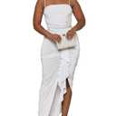 NADIA FRACA Women's Sexy Spaghetti Strap Sleeveless Ruffled Asymmetric Hem Maxi Dress Bodycon Tassel Evening Club Outfit White XL