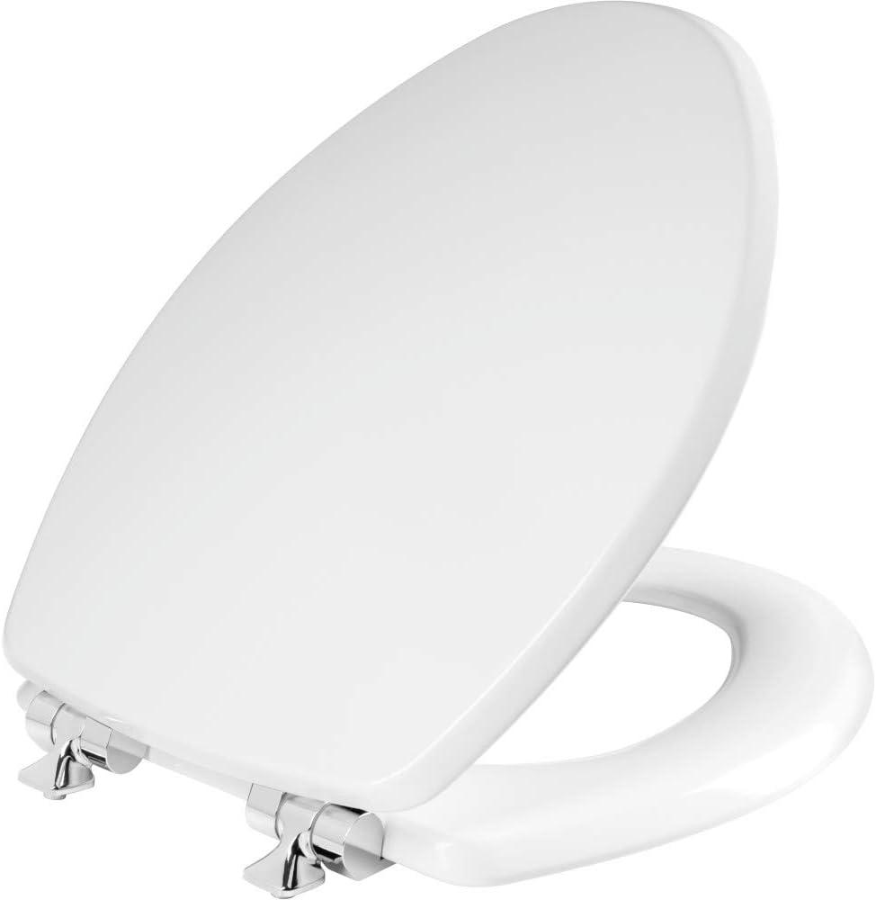 Mayfair Bennett Toilet Seat with Chrome Hinges, Slow Close Wood Seat, Secure Metal Hinges, Easy Install, Made in USA, Elongated, White
