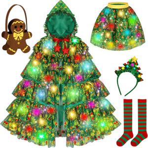Christmas Tree Costume Kids,Hooded Cape & Skirt Dress Up Set,Princess Cape,Kid Christmas Outfits,Light Up Outfit with Gingerbread Bag & Socks,Christmas Costumes for Kids Ages 38 Multicolor