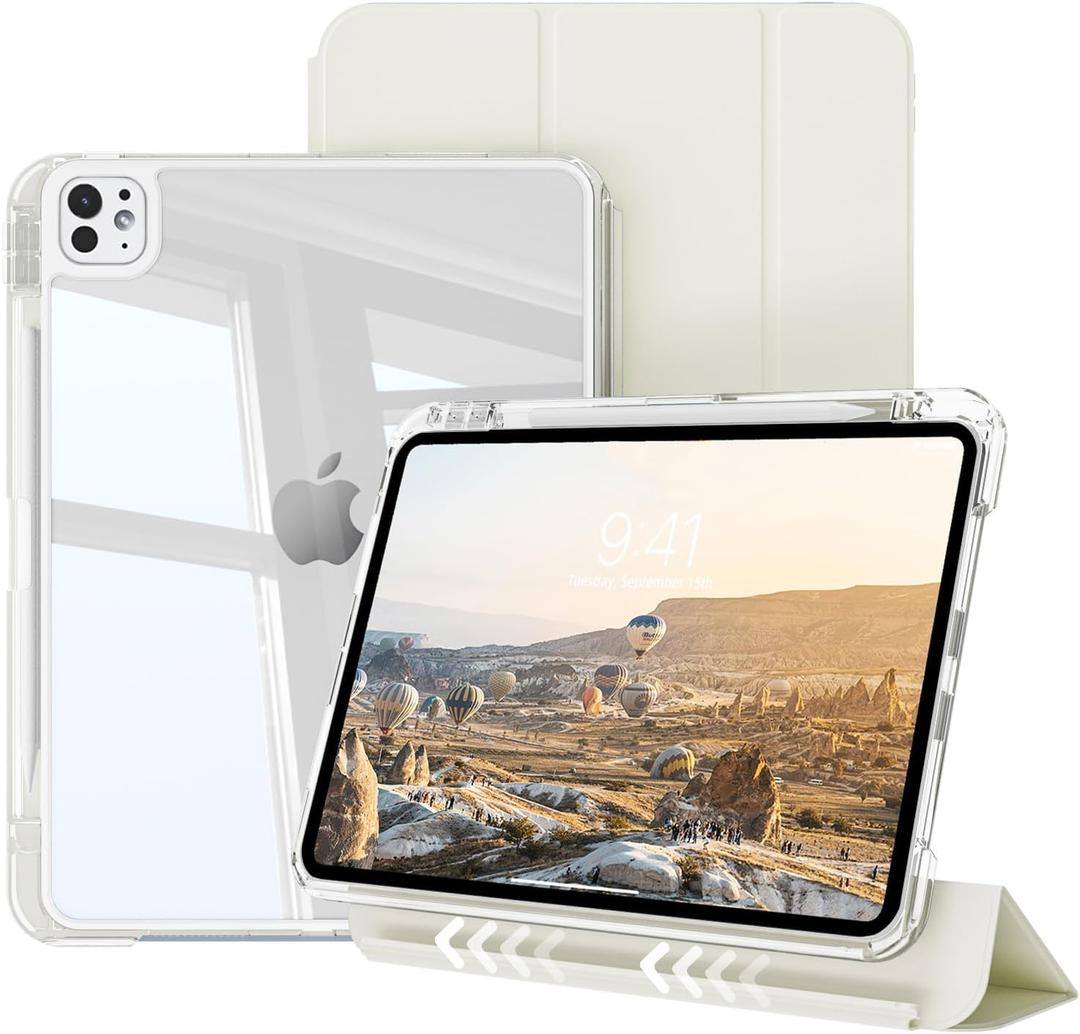 kenke Hybrid Case for iPad Pro 11 Inch (M5) 2025/ (M4) 2024 with Pencil Holder, 2 in 1 Detachable Cover with Clear Hard Back Shell, Support Pencil Pro Charging, Auto Sleep/Wake, Cream White
