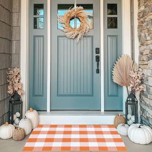 MUBIN Cotton Orange and White Plaid Rug, 27.5" x 43" Fall Outdoor Front Door Decorative Mat, Hand-Woven Rug for Layered Door Mats Washable Carpet for Porch, Entryway, Farmhouse, Autumn, Halloween