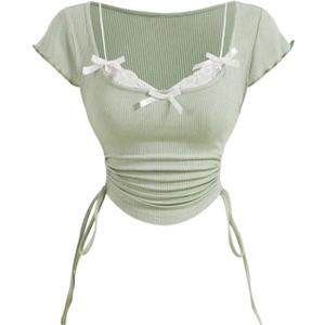 WDIRARA Women's Plus Size Bow Lace Trim Crop Tops 2 in 1 Asymmetrical Drawstring Ruched T Shirts (XL)