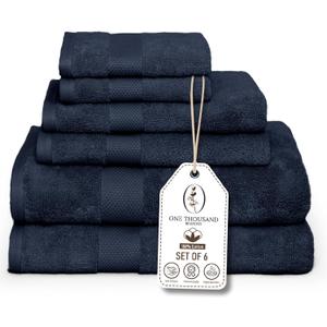 Premium Staple Cotton Bathroom Towel Set - Navy 600 GSM 6-Piece Luxury Bath Towel Set 1 Stripe - 2 Bath Towels, 2 Hand Towels & 2 Washclothes Set - High Absorbent & Quick Dry for Gym, Spa, Hotel