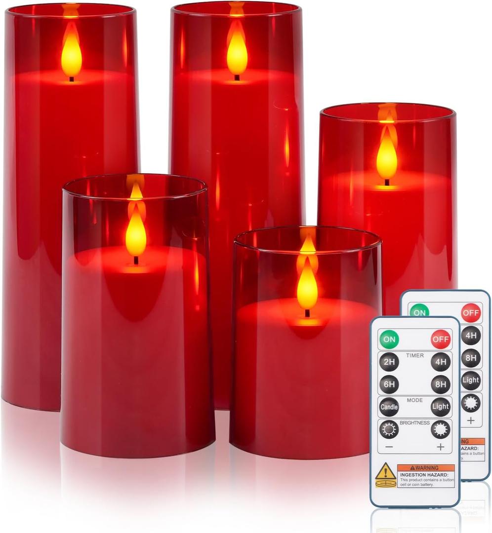 Raycare Flameless Candles Battery Operated with Remote Timer, Acrylic Flickering LED Pillar Candle for Valentine's Day Decoration, Home Decor, Gift for Family and Friend, Red, Set of 5