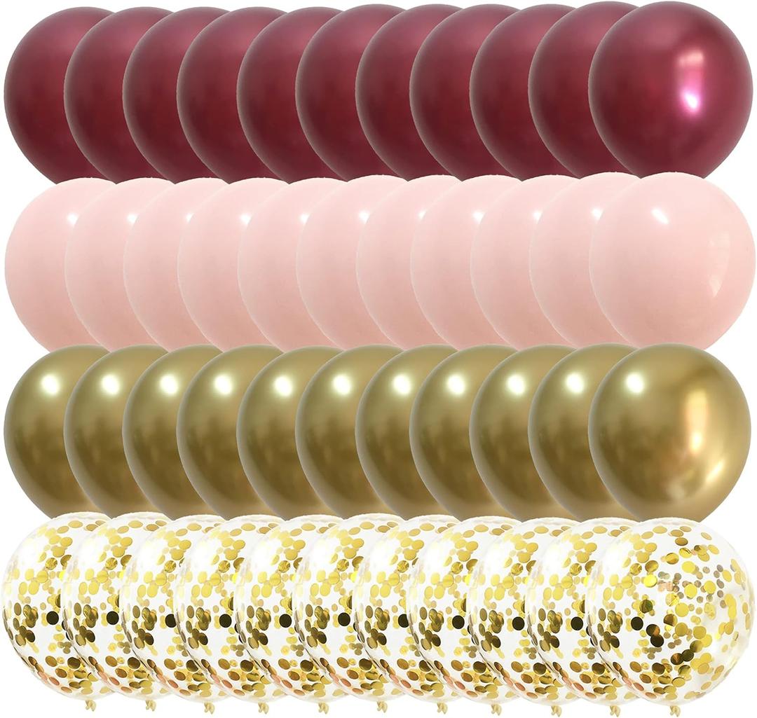 Pink Burgundy Gold Balloons – Metallic Wine Red Gold Balloons for Wedding Bridal Baby Shower Graduation Birthday Anniversary Party Decorations 50packs (Pink + Maroon)