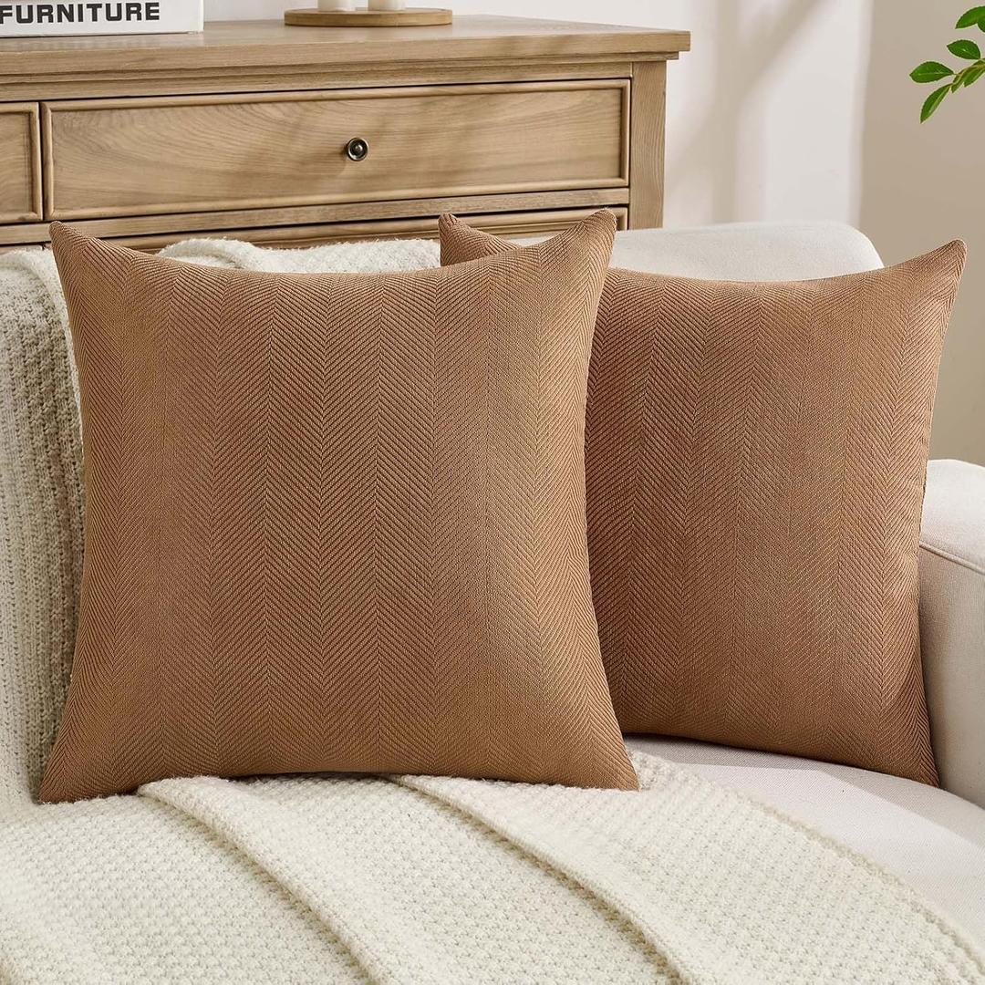 FUTEI Pack of 2 Chevron Chenille Throw Pillow Covers 18x18 Inch Soft Herringbone Texture Solid Decorative Cushion Case Farmhouse Home Decor for Couch Bed Living Room, Rust