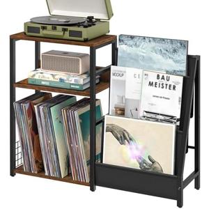 LELELINKY Record Player Stand with Vinyl Storage, 3 Tier Turntable Stand with Display Shelf Storage Up to 150 Albums,Brown End Table for Living Room