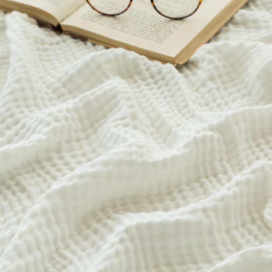 EMME Cotton Blanket for Couch Breathable Gauze All Season Soft and Lightweight Muslin White Throw Blankets for Adults (White, 50"x70")