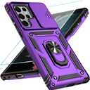 SunStory Phone Case for Samsung Galaxy S22 Ultra 5G Case with HD Screen Protector & Slide Camera Cover & Rotated Ring Kickstand, [Military-Grade] [2 in 1] Phone Case for Galaxy S22 Ultra 6.8",Purple