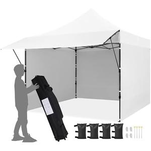 Yaheetech 10x10 Pop up Commercial Canopy Tent with 3 Removable Sidewalls & Awning, Portable Freestanding Shelter, Outdoor Heavy Duty Party Canopies W/Roller Bag, 4 Sandbags, Stakes & Ropes, White