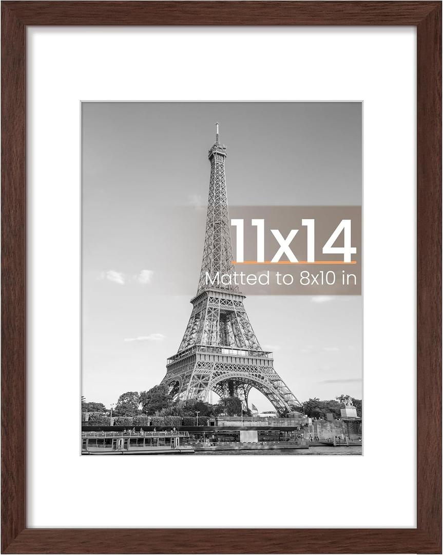 upsimples 11x14 Picture Frame, Display Pictures 8x10 with Mat or 11 x 14 Without, Wall Hanging Photo Frames, Brown, 1 Pack