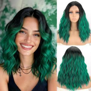 MISSQUEEN Ombre Green Wavy Wig for Women Lace Hairline Short Bob Style Synthetic Heat-resistant Natural Realistic Wig for Everyday Hairstyle Cosplay Party Halloween Use-18inch