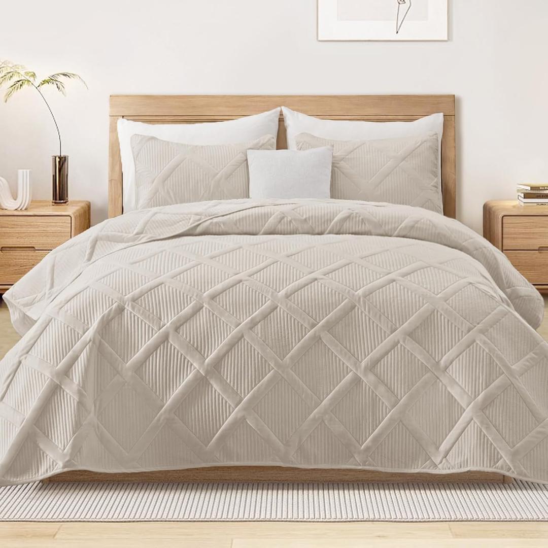 Exclusivo Mezcla Quilt Set King Size, 3 Pieces Brich Beige King Quilt Bedding Set, Lightweight Quilts Soft Bedspreads Modern Striped Coverlets for All Seasons (King (104"x96"))