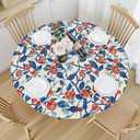 Valentines Day Round Tablecloth Fitted Best for 40"-44" Blue Red Floral Table Cloth Vintage Elastic Edge Water-Resistant Washable Love Chinoiserie Decoration Table Cover for Party Picnic Indoor Decor