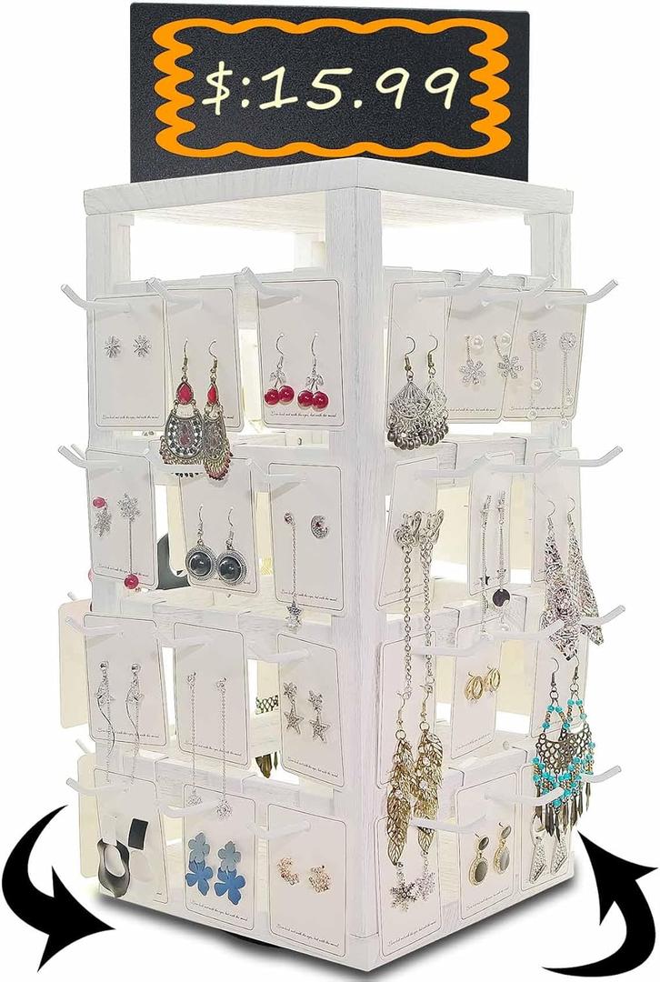 Wooden rotating Jewelry Display Stand with Removable 48 Hooks advertising board, For Earring Cards necklace bracelet Keychain Jewelry Organizer For Selling For vendor events (White)