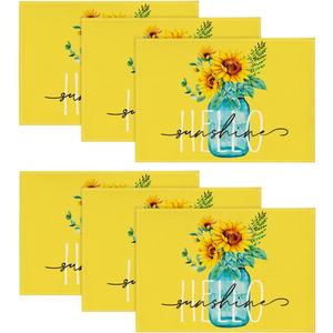 Artoid Mode Yellow Hello Sunshine Sunflower Summer Placemats Set of 6, 12x18 Inch Seasonal Spring Table Mats for Party Kitchen Dining Decoration, 12" x 18", Rectangle 6 Pcs