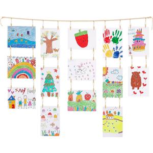 KLOGTSIND Kids Art Display Wall Decor, Wooden Beads Garland Frame Holder with 34 Clips for kids artwork, Photo, Wall Hanging Boho Room Bedroom Decor (Brown)