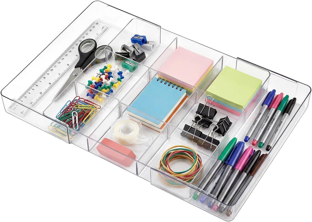 1 Pcs Large Expandable Acrylic Drawer Organizers, Grid Adjustable Drawer, Dividers Organizer for Desk, Makeup, Jewelry, Office, Kitchen Supplies (Clear, 11 Compartments) (Transparent)