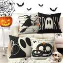 Halloween Spooky Ghost Throw Pillow Covers 18x18 Inch Set of 4 Pumpkins Ghost Witch Bats Spider Web Cushion Covers Home Decor for Couch Cushion Cases