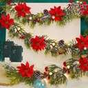 Juegoal 2 Pack Christmas Garland, 9' Pre-lit Artificial Xmas Flocked Garlands, Lighted Poinsettia Spruce Timer & Battery Operated with Lights, Garden Home Winter New Year Decor, Geen, Red (YO-TTSZ-2)