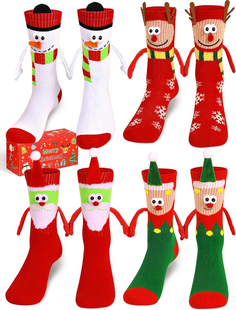 4 Pairs Funny Christmas Socks, Magnetic Hand Holding Socks, Christmas Stocking Stuffers for Women Men Couples, White Elephant Exchange Gifts, Xmas Secret Santa Gag Gifts