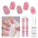 Gel Nail Strips No UV Light Needed, 22Pcs Pink Silver Glitter Gel Nail Stickers for Women, Long Lasting Nails Polish Strips, Easy to Apply & Remove