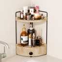 2-Tier Corner Bathroom Countertop Organizer with Drawer, Wooden Vanity Organizers for Makeup and Skincare Storage, Corner Counter Shelf with Embedded Screw Holes, Light Brown (7.68" x 7.68" x 15.75")