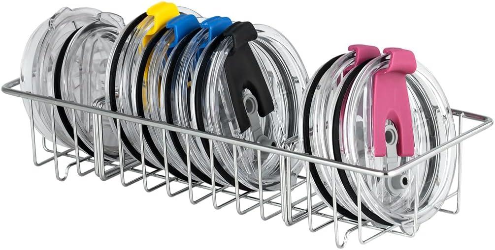 YQh tumbler lid organizer, Stainless Steel Kitchen Container Cover Holder, Cup Lid Organizer, Inner Tumbler Lid Storage Rack in Drawer, 3 Compartments, 304 Stainless Steel, Durable Non-Rusting (AM-218)