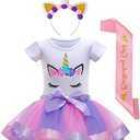 Nuolich Little Girls Unicorn Birthday Party Outfit, Unicorn Tutu Dress, Headband, Shirt & Satin Sash L