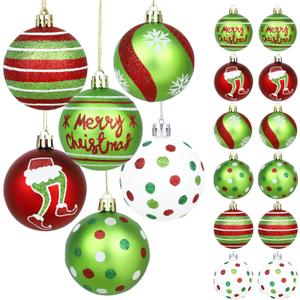 24Pcs 2.4 Inch Christmas Ball Ornaments for Tree, Glittering Red Green White Elf Bulbs Set for Christmas Tree Decorations, Plastic Shatterproof Hanging Ornament Xmas Baubles for Home Party Decor
