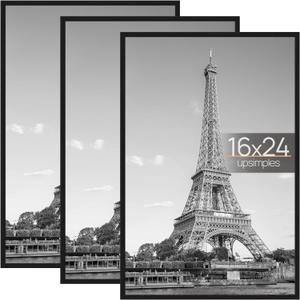 Upsimples 16x24 Picture Frame Black 3 Pack, Scratch-Proof Poster Frames 16 x 24 for Photo Gallery - Slide-In Strips, Horizontal or Vertical Wall Mounting