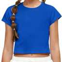 Zaclotre Girls Crop Tops Batwing Short Sleeve T Shirt Quick Dry Drop Shoulder Basic Tees Workout Athletic Shirts (Blue)