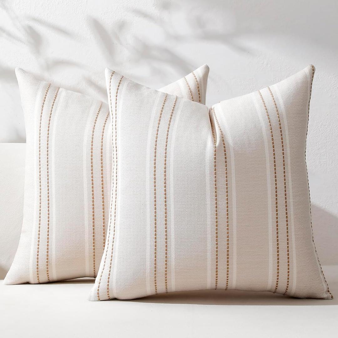 Hckot Throw Pillow Covers 22x22 Set of 2 Tan Pillow Covers Farmhouse Decorative Pillows Textured Linen Square Cushion Covers for Sofa Couch Bed Living Room Decor(Tan)