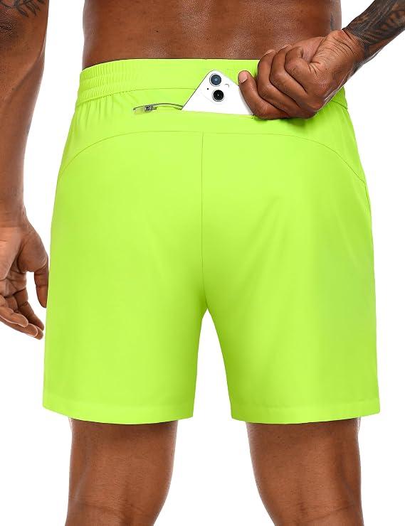 MIER Mens 5 Inch Shorts Quick Dry Running Gym Shorts with Zipper Pockets for Athletic Workout, Lightweight, Neon Green, XL