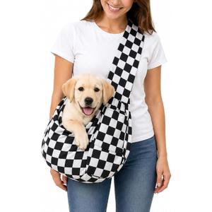 Dog Sling Carrier for Small Dogs and Cats 516 lbs, Puppy Cat Carrier Sling with Safety Hook and Storage Pocket, Hands Free Pet Carrier Purse for Travel, Walking, Shopping (Ebony Check)