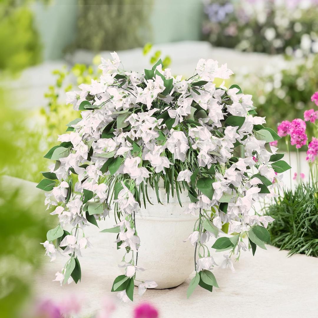 RECUTMS Hanging Plants Flowers for Outdoor Silk Bougainvillea (White, Bougainvillea 4 Pcs)