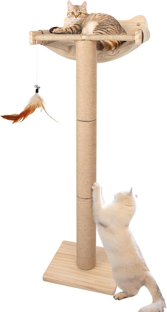 Cat Window Perch with Scratching Post, 46" Adjustable Tall Scratching Posts & Suction Cup  Multi-Level Perch for Climbing, Bird Watching, and Play, Supports 45 lbs (Drilling-Free)