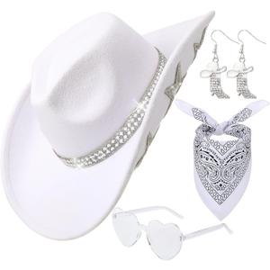 White Cowboy Hat for Women Men with Sparkly Stars Felt Cowgirl Hat with Heart Sunglasses,Bandana and Earrings (White)