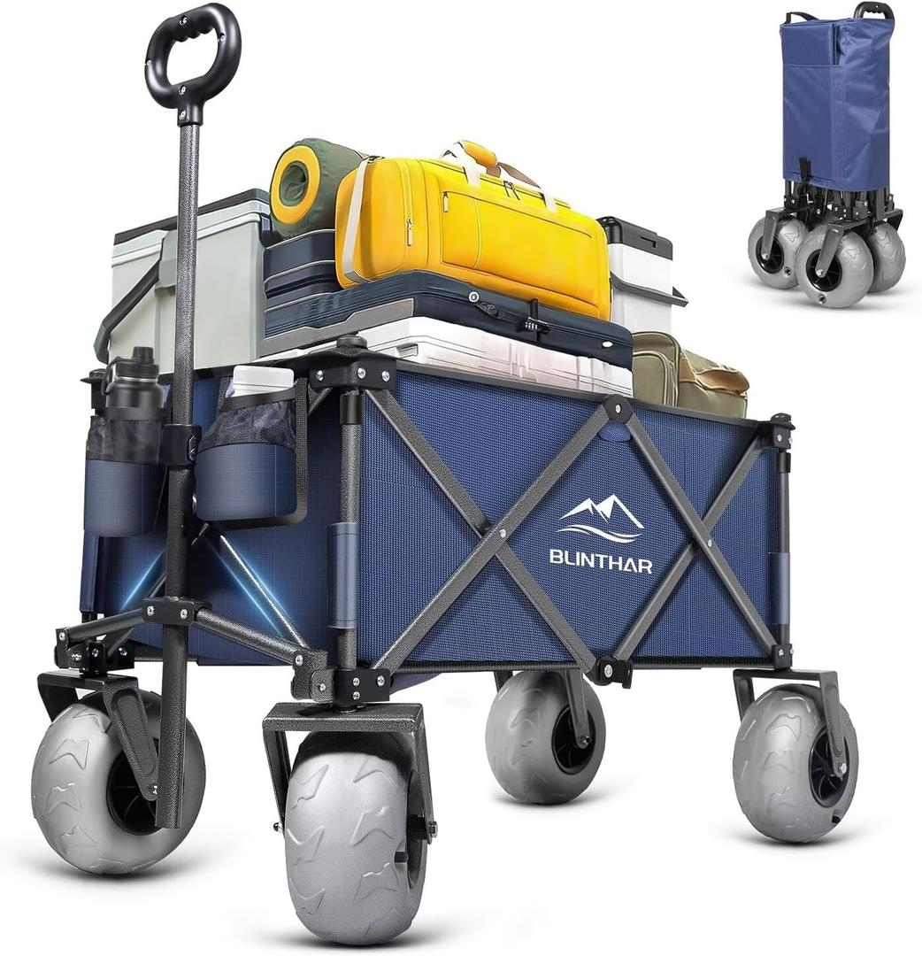 Beach Wagon, Heavy Duty Collapsible Folding Wagon with All-Terrain 9" Pneumatic Tires & Drink Holders, Utility Grocery Wagon for Garden Sports Camping Outdoor Activities (Navy Blue)