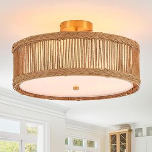 17.7" Large Rattan Semi Flush Mount Ceiling Light 3-Lights Boho Flush Mount Ceiling Light Wicker Gold Chandelier for Kitchen Island, Dining Room, Living Room, Entryway, Bedroom