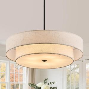 Black Modern Chandelier 23.6'' Drum Chandeliers with 2-Layer Fabric Shade 5-Light Linen Pendant Light Fixture for Dining Room Bedroom Kitchen Hallway Foyer, 24 inch 2 Layer