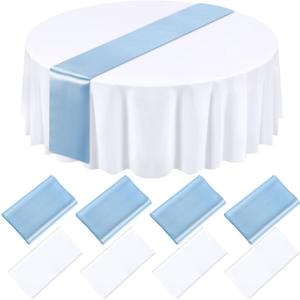 Tudomro 8 Pcs White and Light Blue Round Plastic Tablecloth and Satin Table Runner Set 84 Inch Round Table Covers 12 x 108 Inch Table Runners for Wedding Birthday Party Baby Shower Anniversary