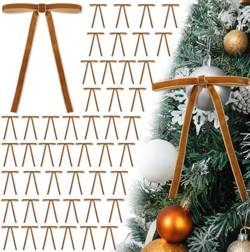 48 PCS Brown Velvet Bows for Christmas Tree 5 x 7 Inch Rustic Velvet Staircase Wreath Bows Pre-Tied Ribbon Crafts Gift Bow for Xmas Topper Garland Ornament Home Door Indoor Outdoor Decorations