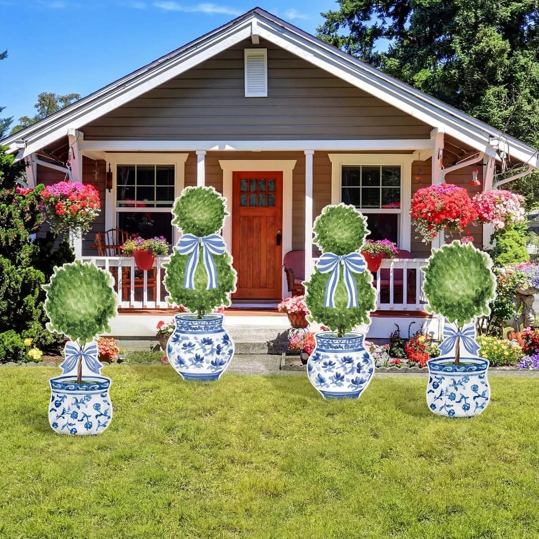 Lounsweer 4 Pcs Easter Chinoiserie Garden Stakes Decorations Hello Spring Blue and White Yard Signs Front Door Porch Decor for Farmhouse for Courtyard Patio Spring Lawn Holiday Outdoor Display