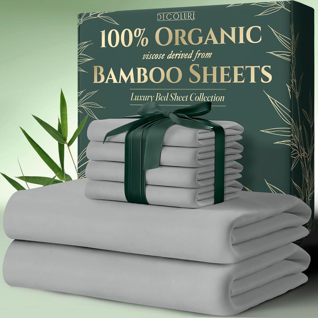 DECOLURE 100% Organic Viscose Derived from Bamboo Sheets King Size 6pcs - Ultra Soft & Luxuriously Cooling, 17" Deep Pocket, Double Stitching, Perfect for Hot Sleepers - King Bed Sheets (Light Grey)