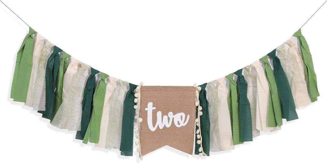 Two Wild Highchair Banner - Safari Jungle 2nd Birthday Party Decorations, Woodland 2nd Birthday Bunting, Green Brown Forest Highchair Banner, Nature Theme Party Decorations Supplies (Green)