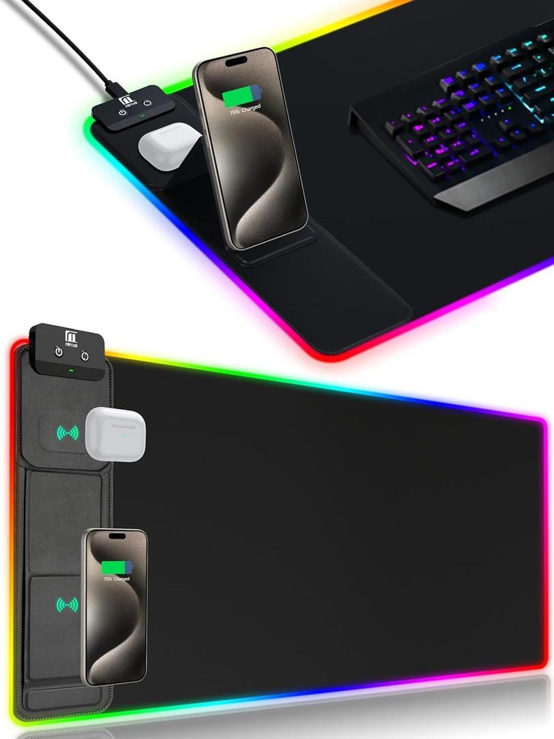XXL Mouse Pad with Phone Holder  Black, RGB Desk Mat with 15W Fast Charging, LED Gaming Mousepad with 11 Light Colors, Waterproof NonSlip Pad for Office & Home